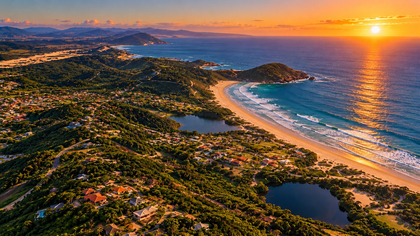 Vista aérea da Praia do Rosa ao entardecer